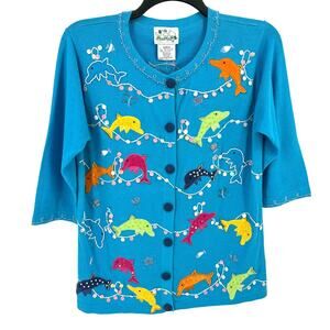 Quacker Factory Embellished Sequin Dolphin Sea Theme Cardigan Sweater Size M